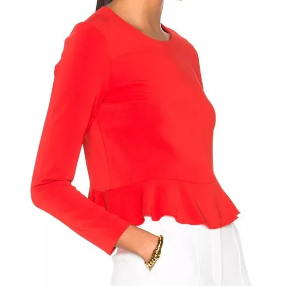 A.L.C. Women's Ann Long Sleeves Shirt Blouse Top 2 Red Peplum Crepe Zipper $325 - Picture 3 of 16